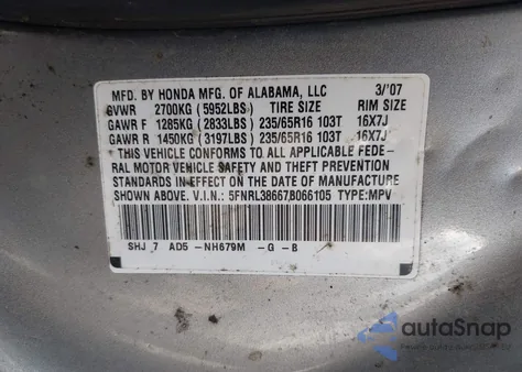 2007 Honda Odyssey Ex-L from USA, damaged, VIN 5FNRL38667B066105